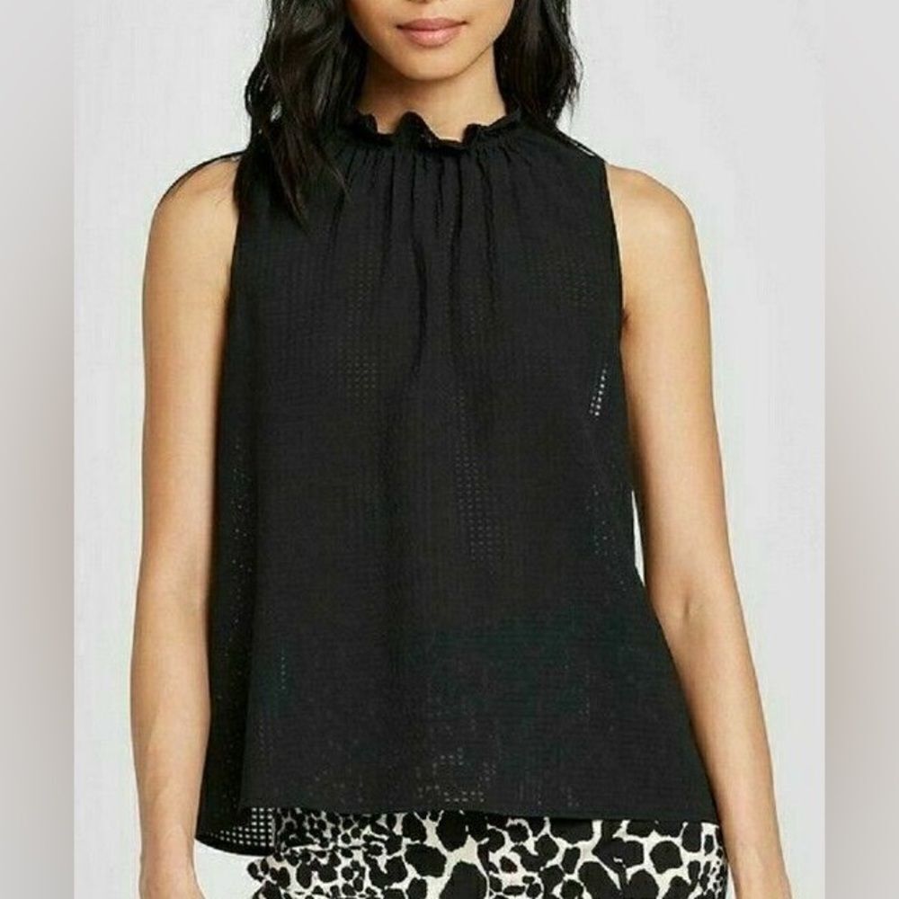 Who What Wear Black Sleeveless Ruffle Neck Blouse Tank Top